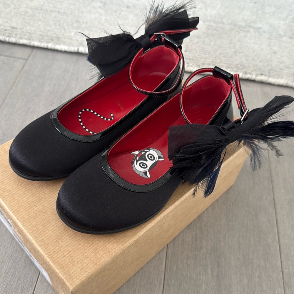 Christian Louboutin Black Kids Dress Shoes with Feather Bow